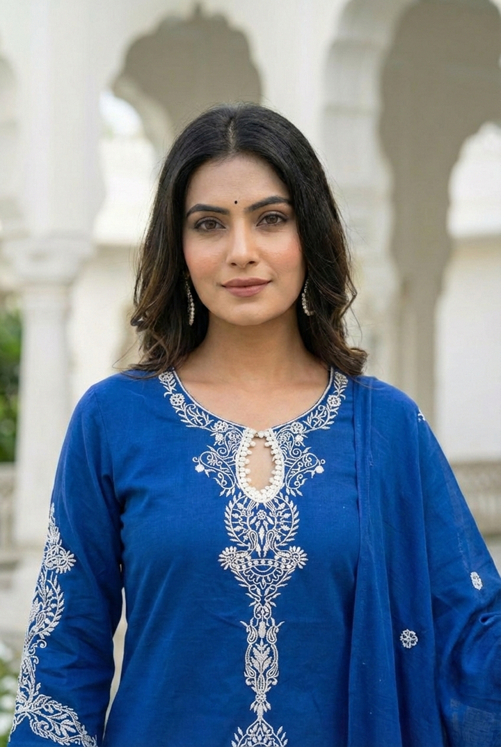 Neerus Blue cotton hand embroidered suit set - back view