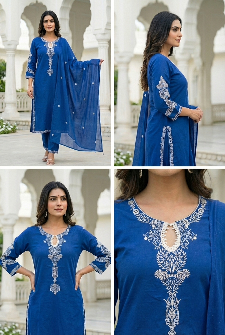 Neerus Blue cotton hand embroidered suit set - detail view 3