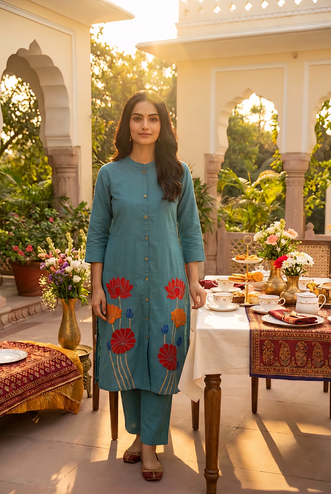 Neerus Green cotton hand embroidered kurta set - front view