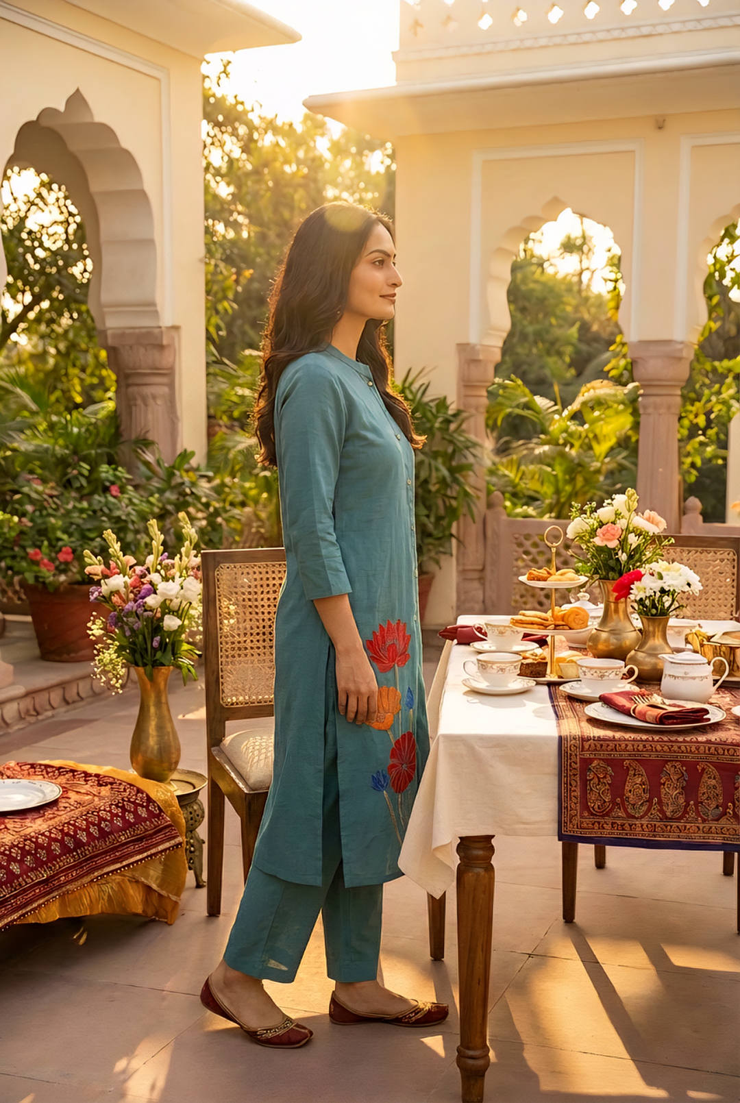 Neerus Green cotton hand embroidered kurta set - side view