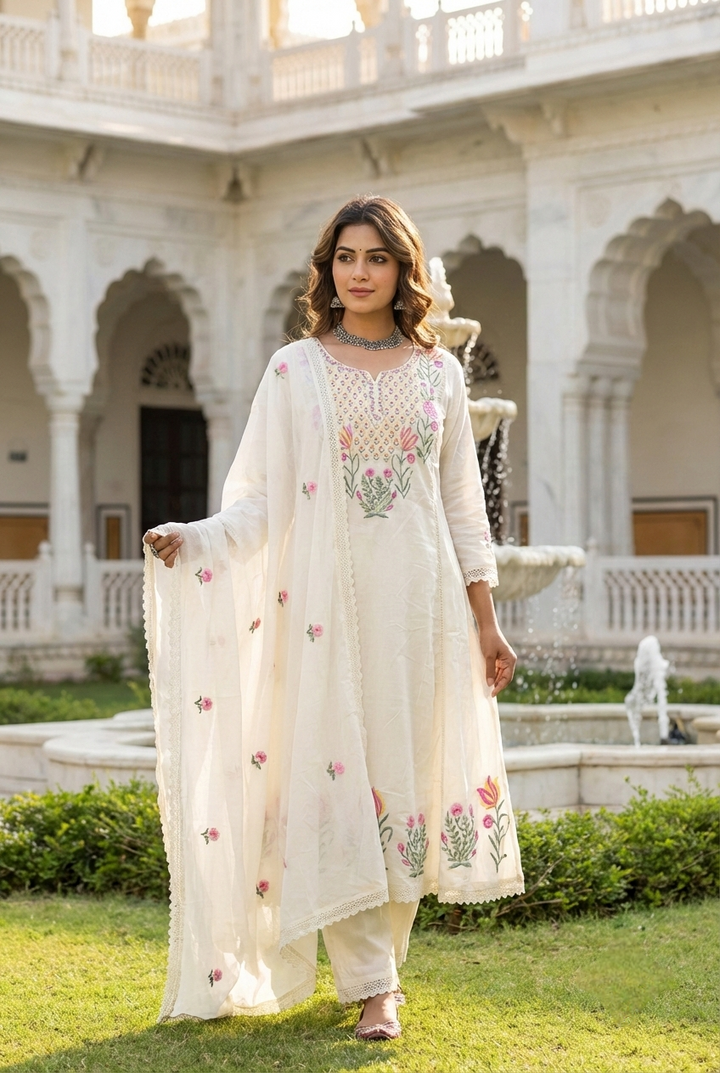 Neerus White cotton printed suit set - front view