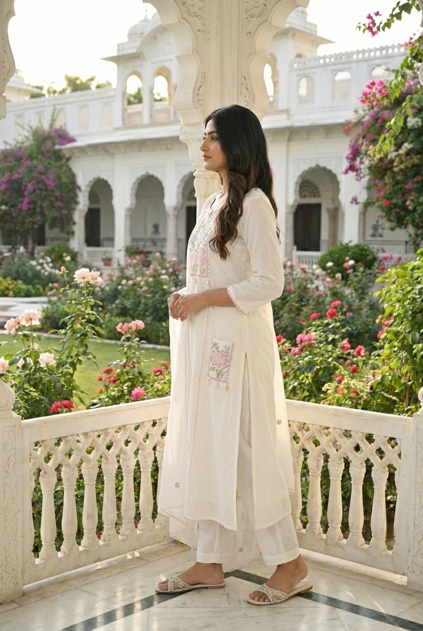 Neerus White cotton hand embroidered suit set - back view