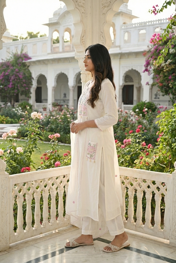 Neerus White cotton hand embroidered suit set - back view