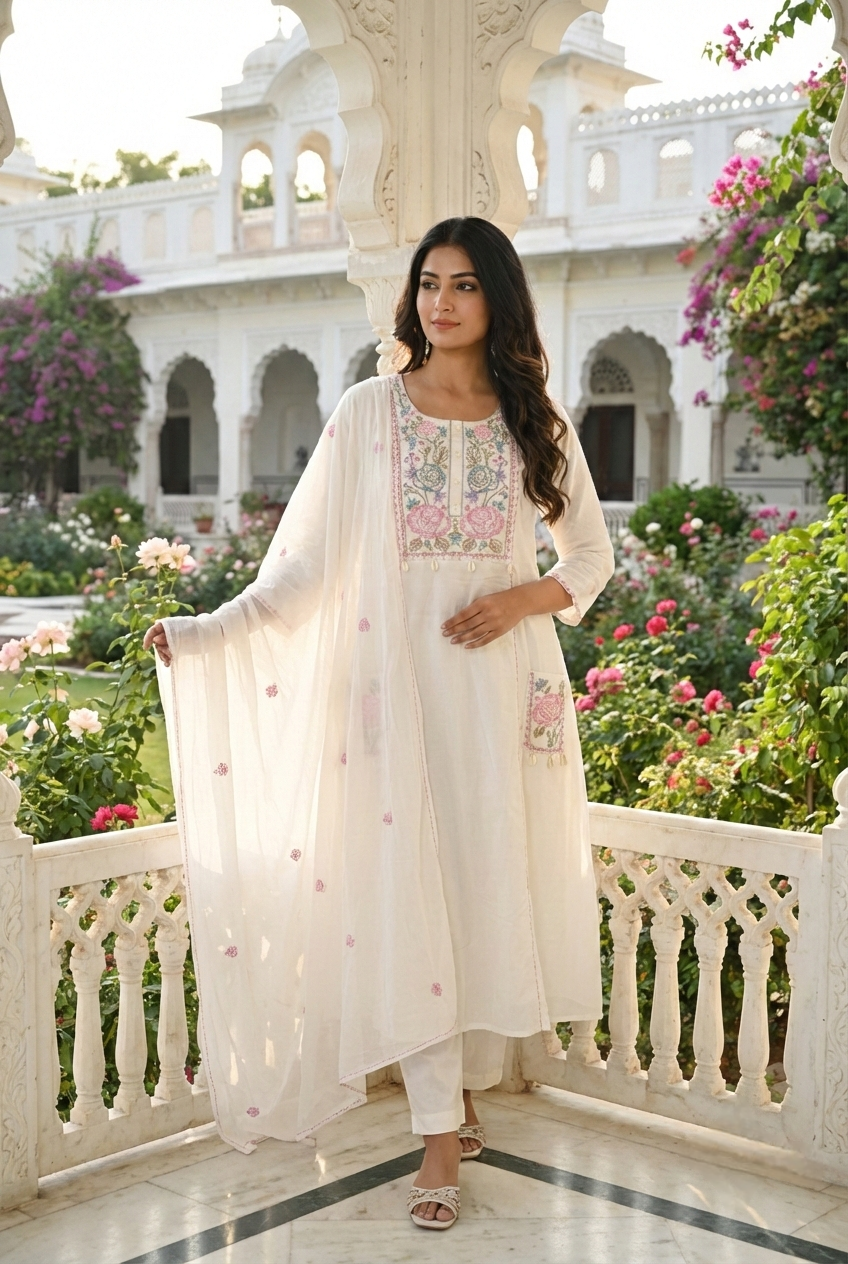 Neerus White cotton hand embroidered suit set - front view