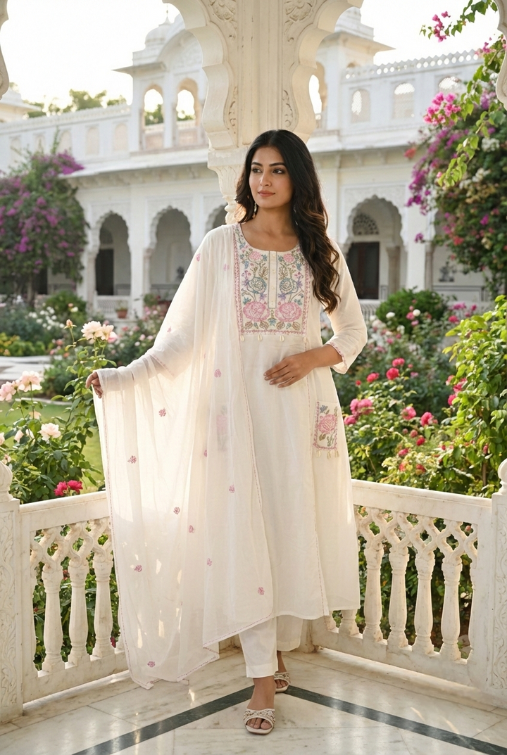 Neerus White cotton hand embroidered suit set - front view