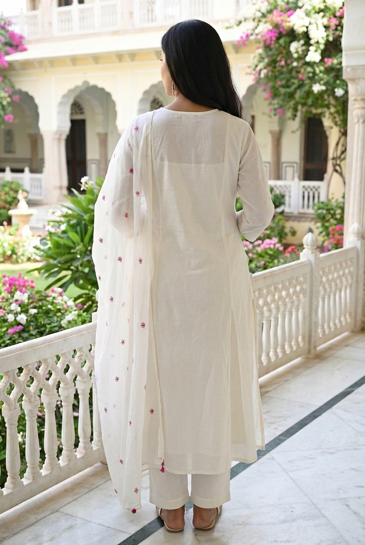 Neerus White cotton hand embroidered suit set - detail view 1
