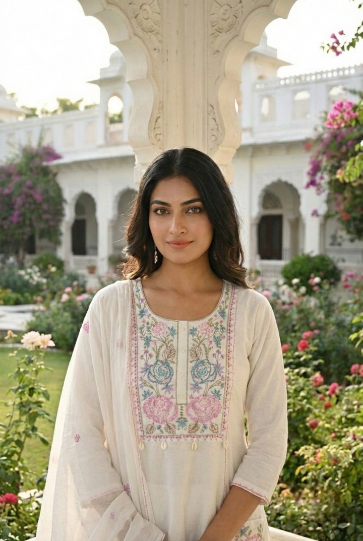 Neerus White cotton hand embroidered suit set - side view
