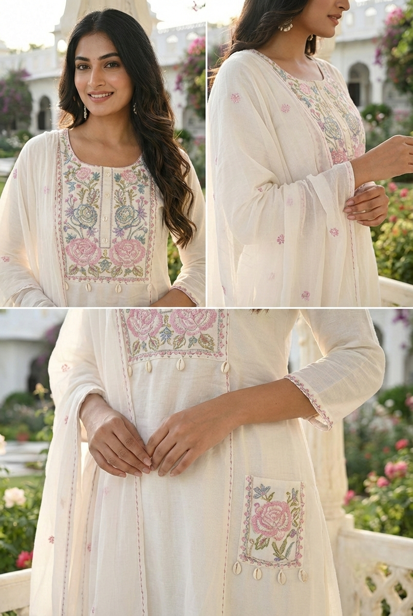 Neerus White cotton hand embroidered suit set - detail view 2