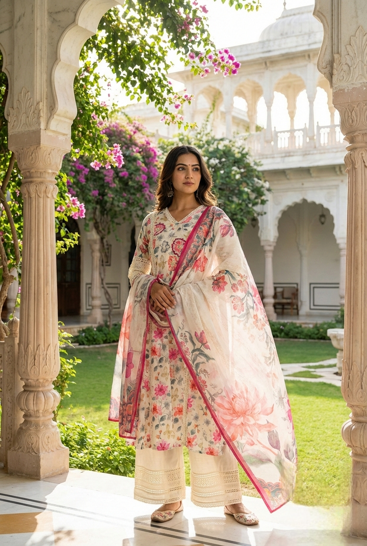 Neerus White cotton printed suit set - front view