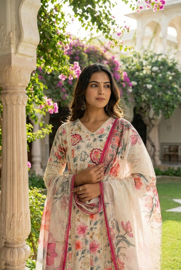 Neerus White cotton printed suit set - back view
