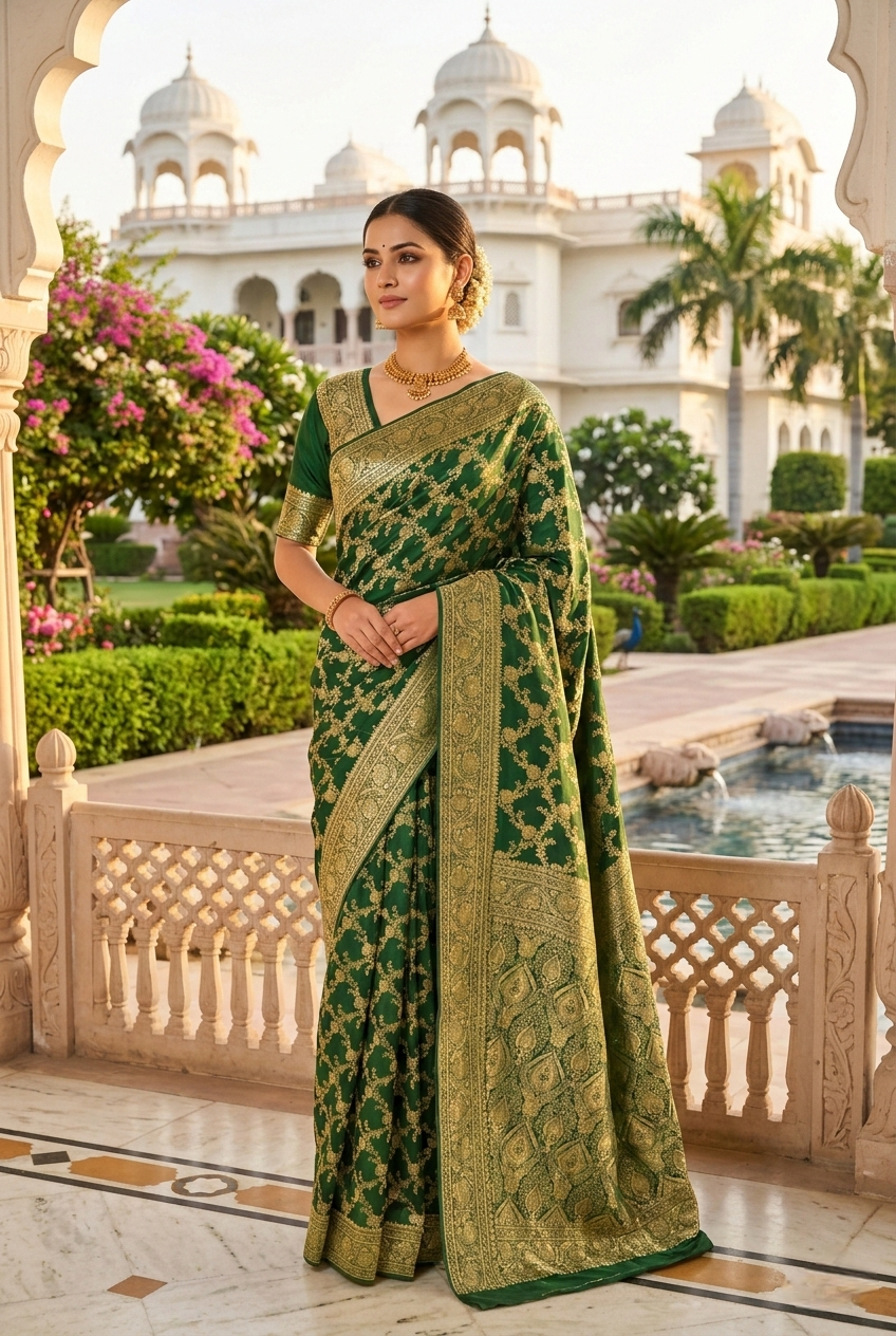 Neerus Green Pattu Silk Printed Banarasi Saree - front view