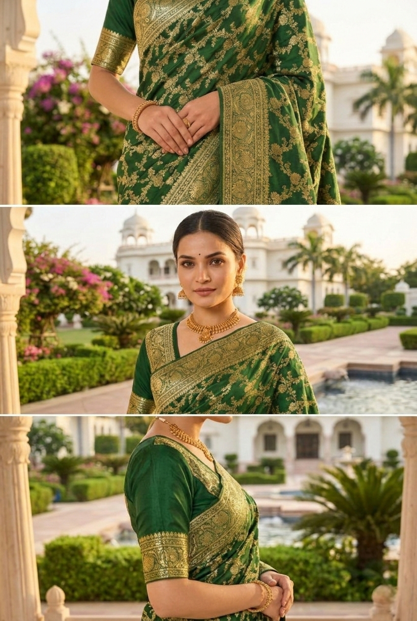 Neerus Green Pattu Silk Printed Banarasi Saree - side view