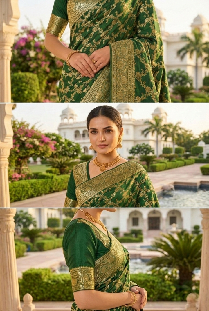 Neerus Green Pattu Silk Printed Banarasi Saree - side view