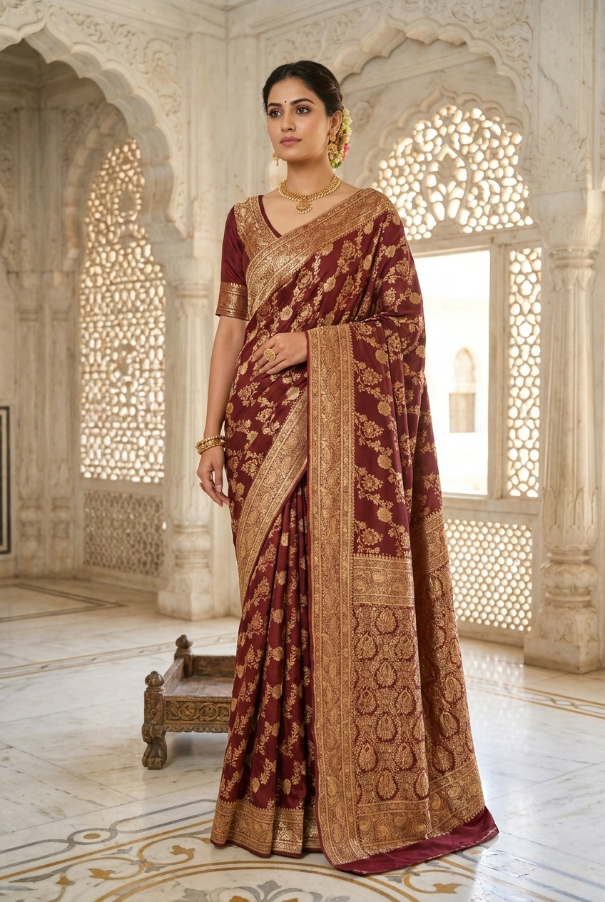 Neerus Brown Pattu Silk printed Banarasi saree - front view