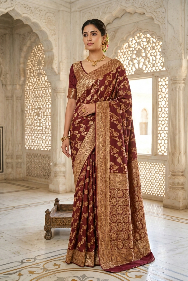 Neerus Brown Pattu Silk printed Banarasi saree - front view