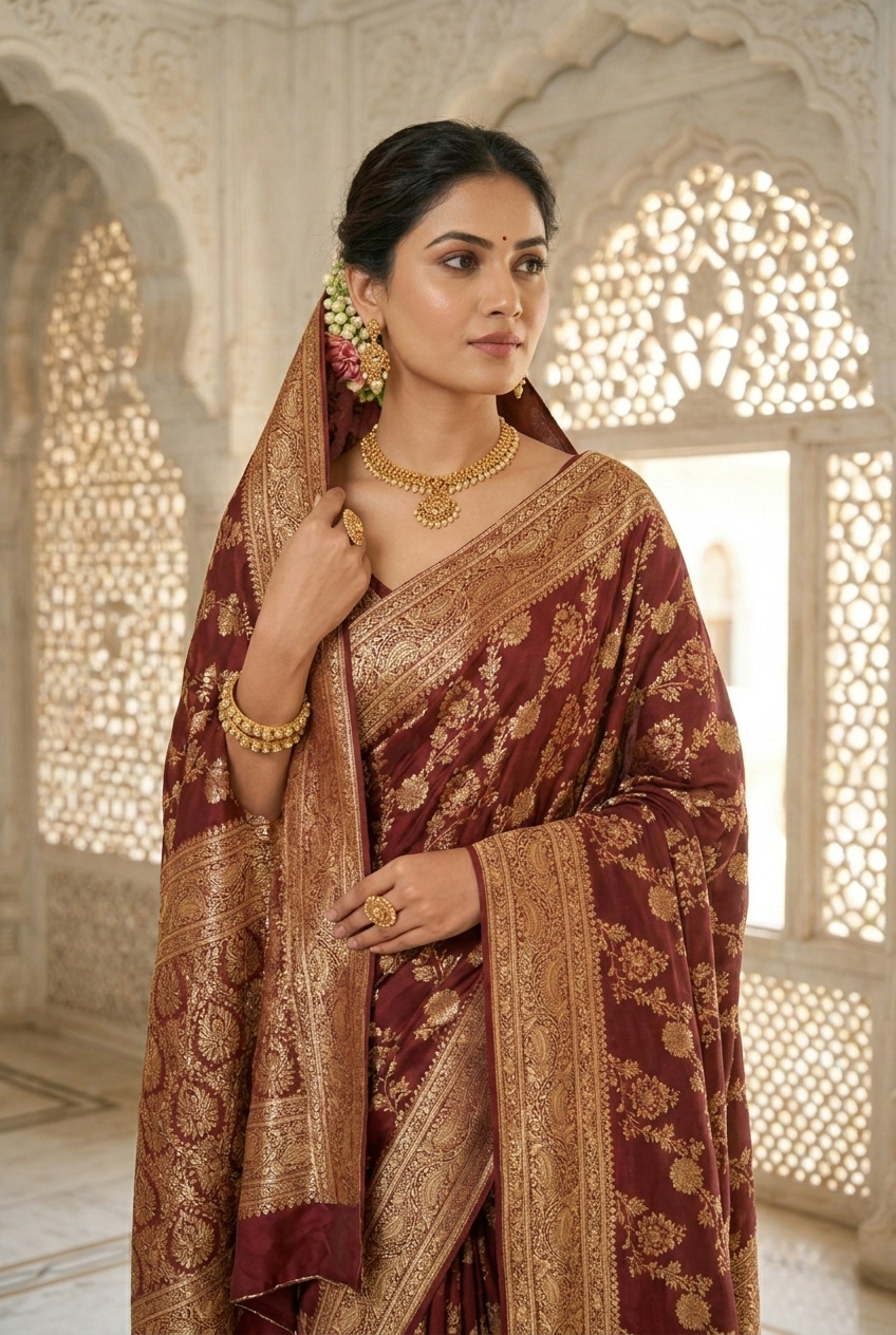 Neerus Brown Pattu Silk printed Banarasi saree - back view