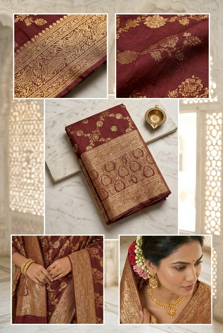 Neerus Brown Pattu Silk printed Banarasi saree - side view