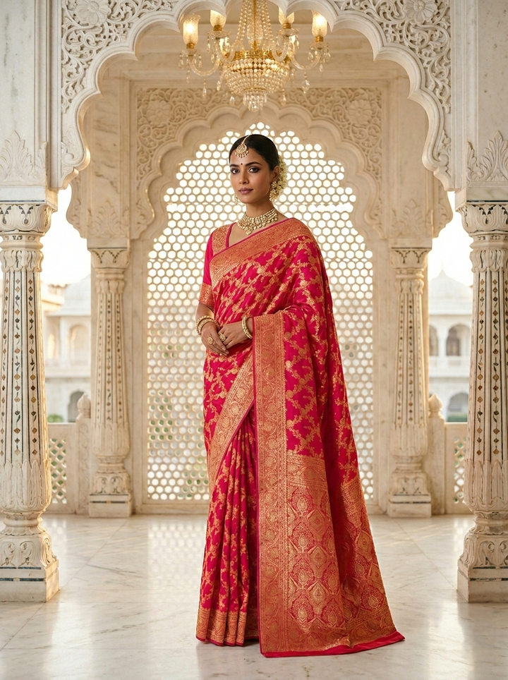 Neerus Pink Pattu Silk Printed Banarasi Saree - front view