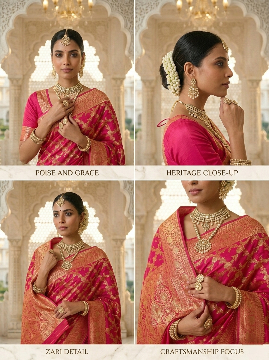 Neerus Pink Pattu Silk Printed Banarasi Saree - side view