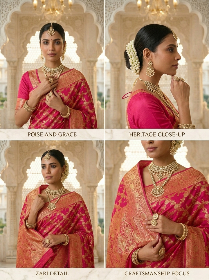 Neerus Pink Pattu Silk Printed Banarasi Saree - side view