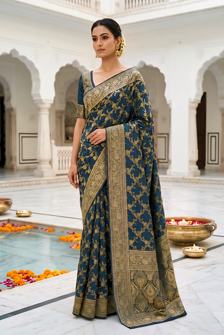 Neerus Blue Pattu Silk Printed Banarasi Saree - front view