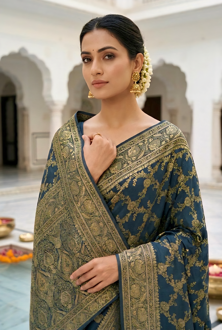 Neerus Blue Pattu Silk Printed Banarasi Saree - back view