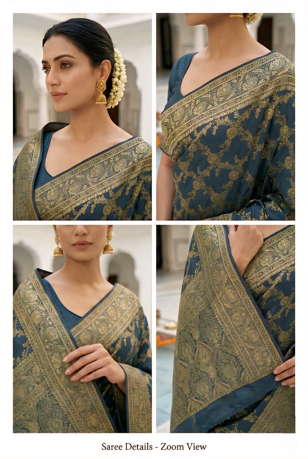 Neerus Blue Pattu Silk Printed Banarasi Saree - side view