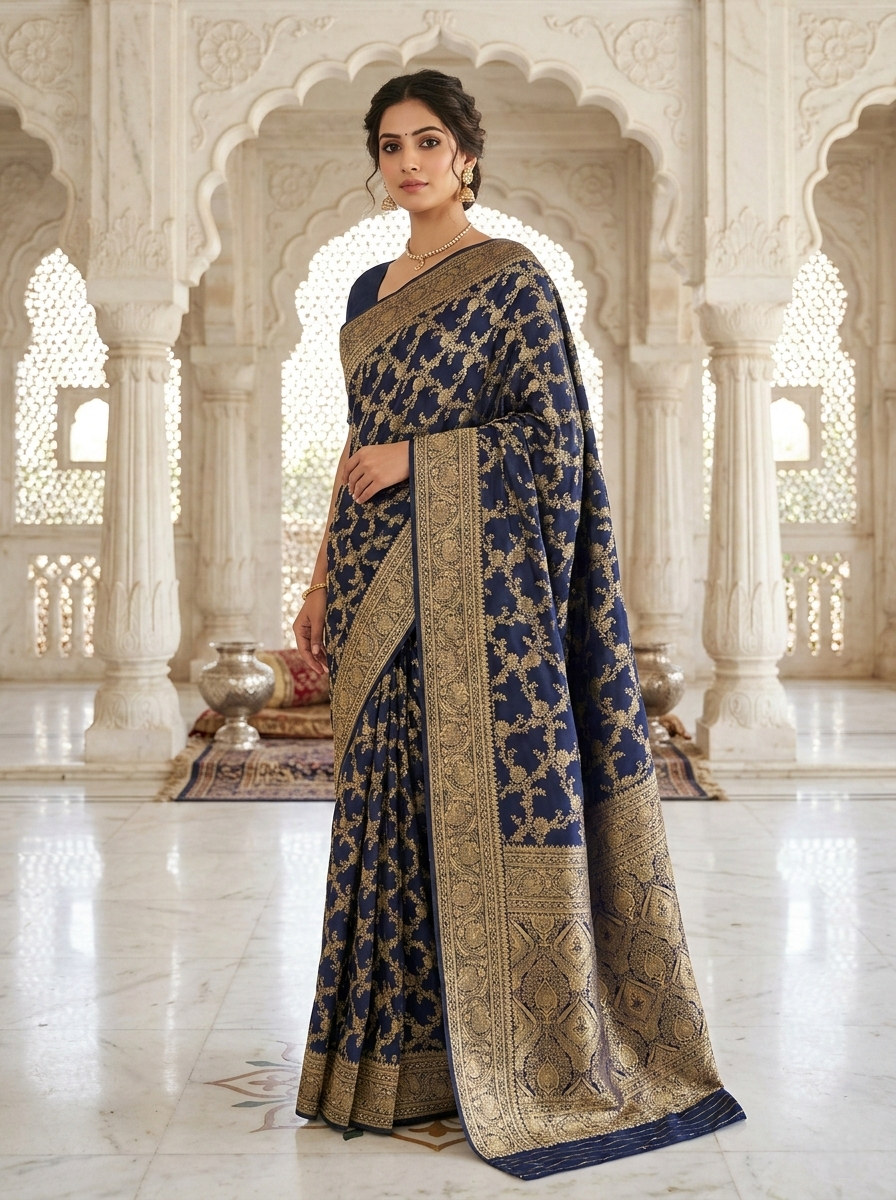 Neerus Blue Banarasi printed Pattu Saree - front view
