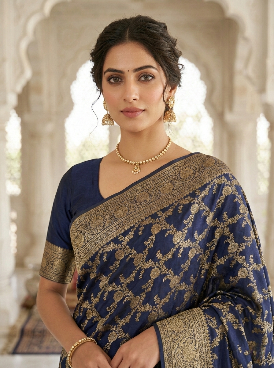 Neerus Blue Banarasi printed Pattu Saree - back view