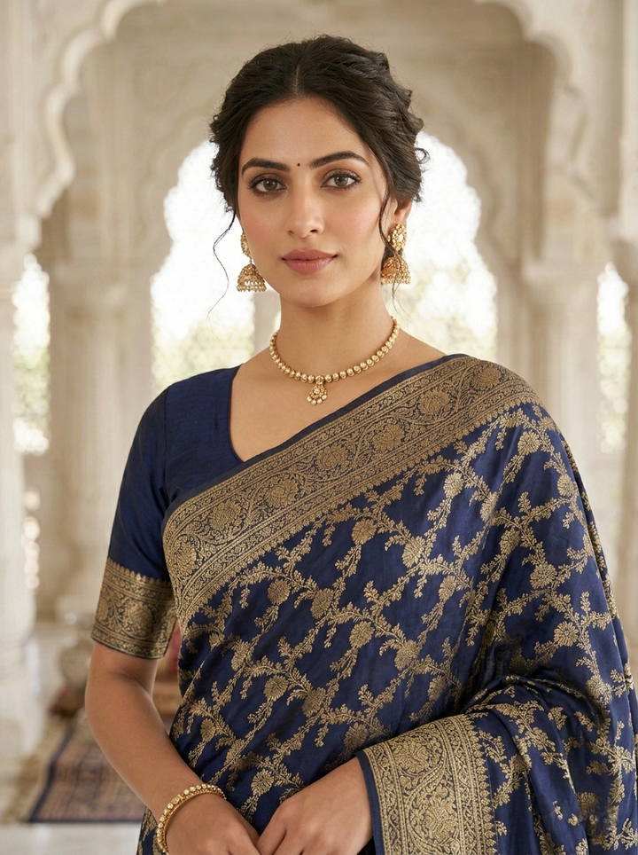Neerus Blue Banarasi printed Pattu Saree - back view