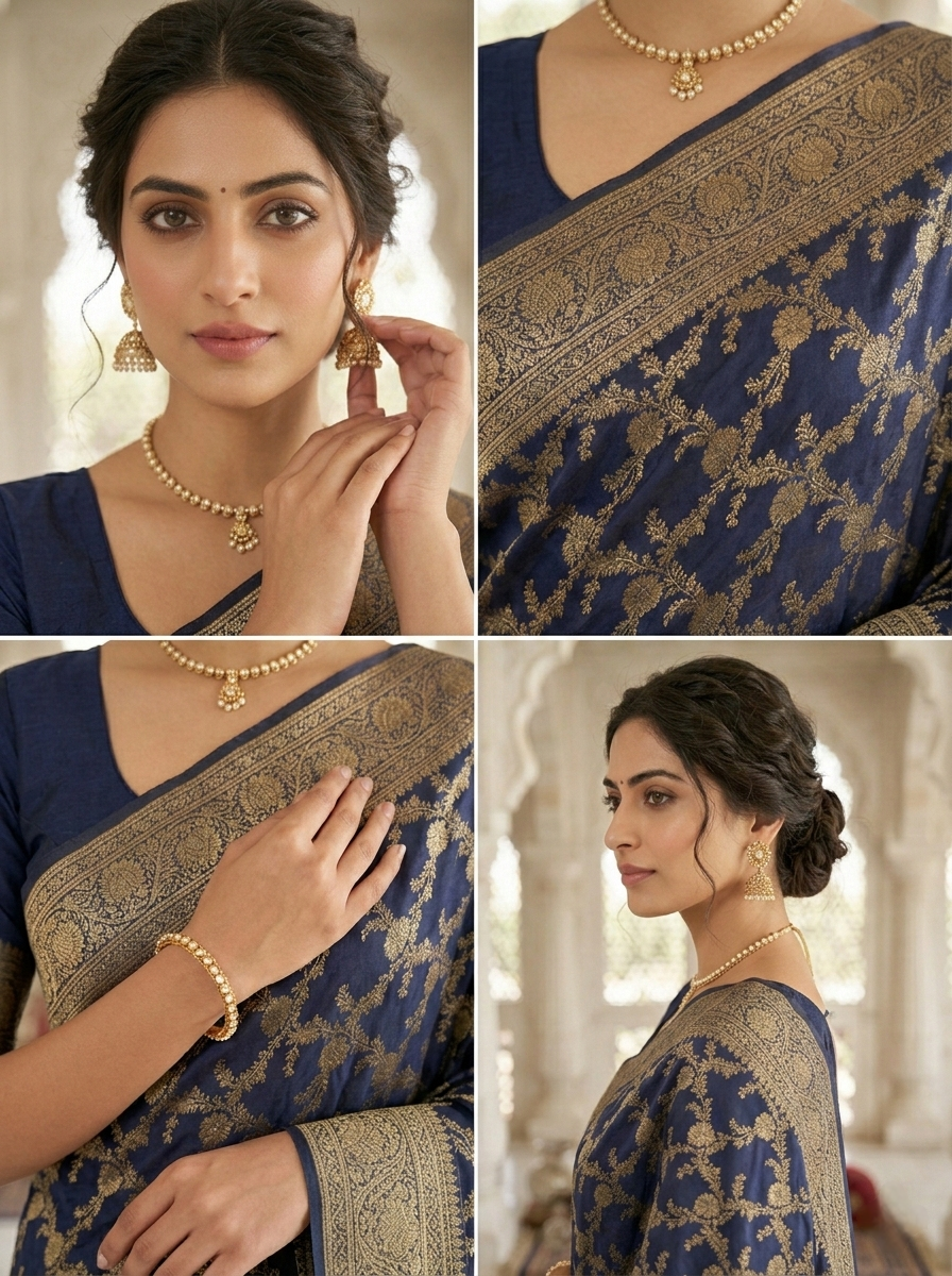 Neerus Blue Banarasi printed Pattu Saree - side view