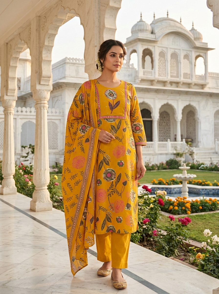 Neerus Yellow cotton printed suit set - front view