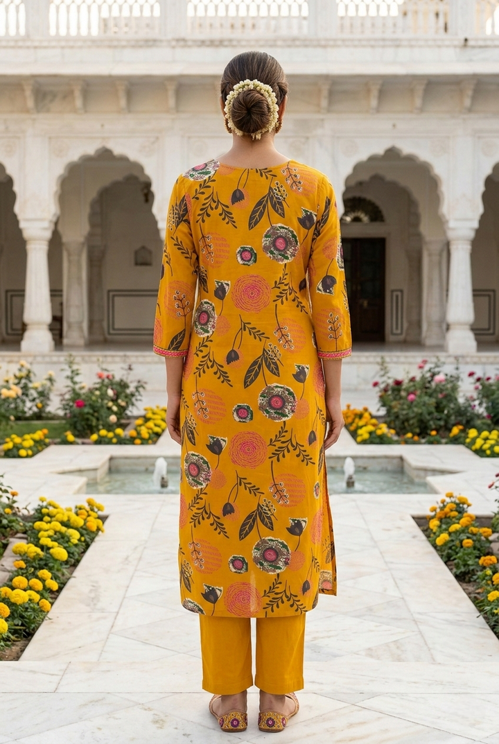 Neerus Yellow cotton printed suit set - back view
