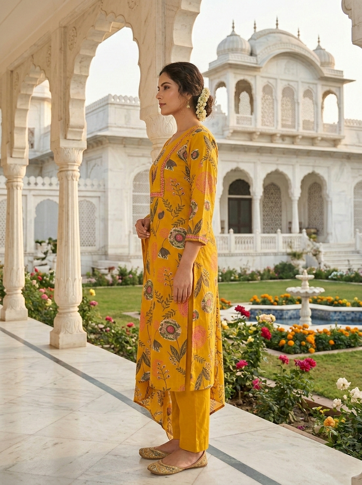 Neerus Yellow cotton printed suit set - side view