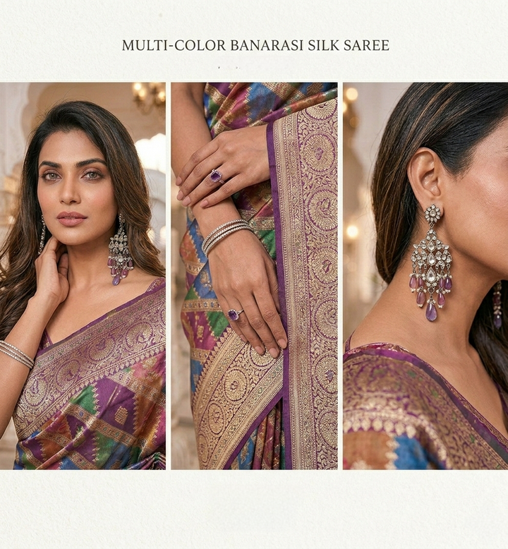 Neerus Multi Banarasi woven saree ethnic motifs - side view