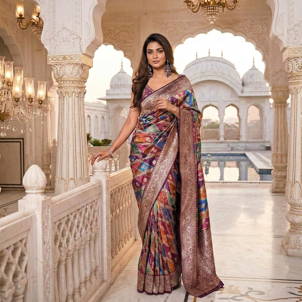 Neerus Multi Banarasi woven saree ethnic motifs - front view