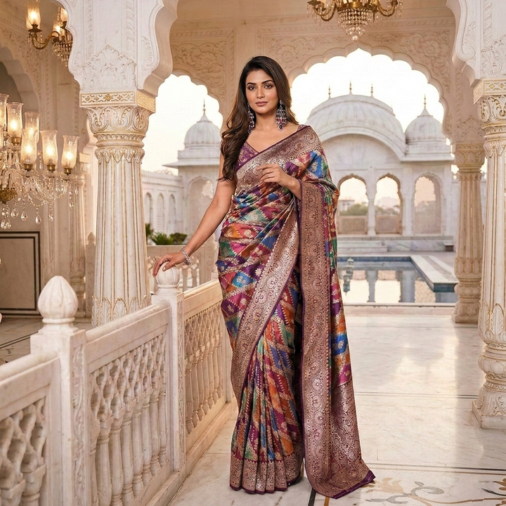 Neerus Multi Banarasi woven saree ethnic motifs - front view