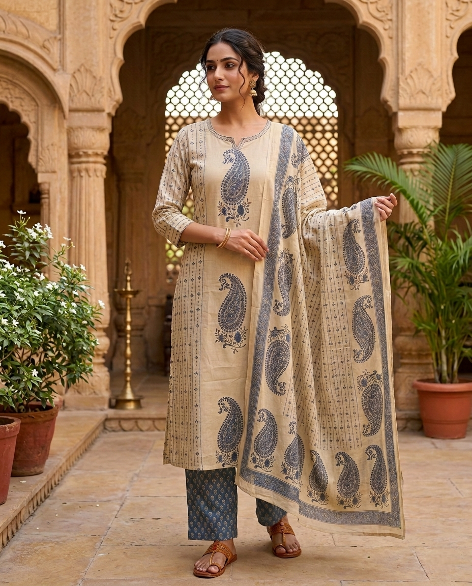 Neerus Blue cotton printed suit set - front view