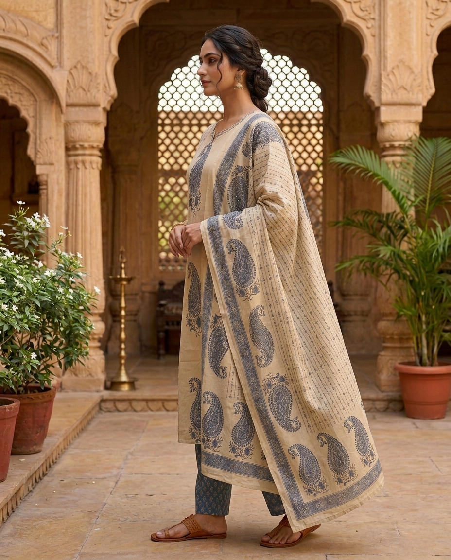Neerus Blue cotton printed suit set - back view