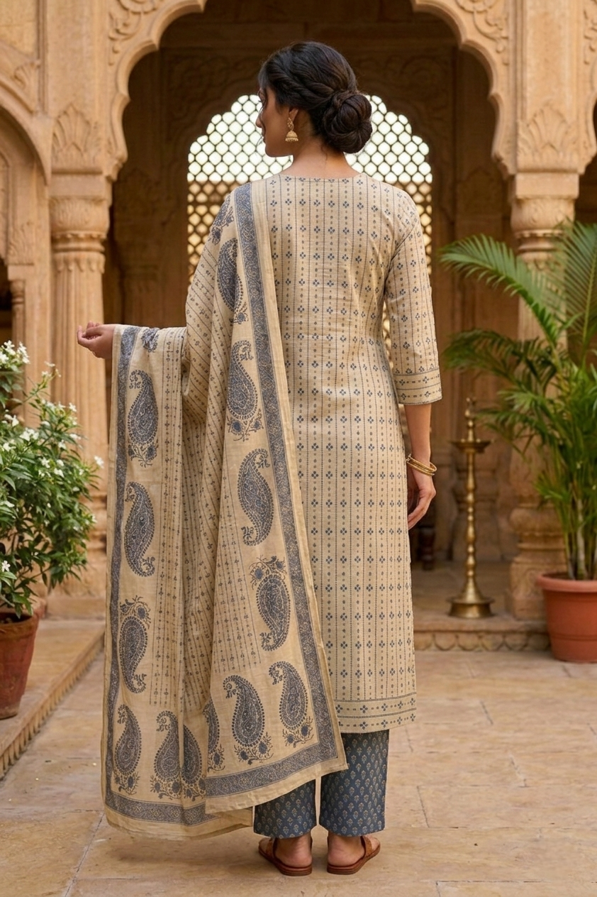 Neerus Blue cotton printed suit set - side view