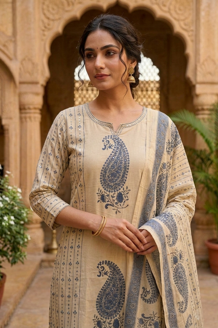 Neerus Blue cotton printed suit set - detail view 1