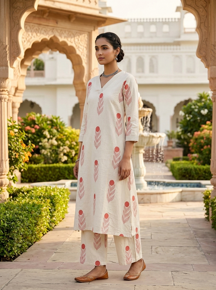Neerus Orange cotton printed suit set - back view