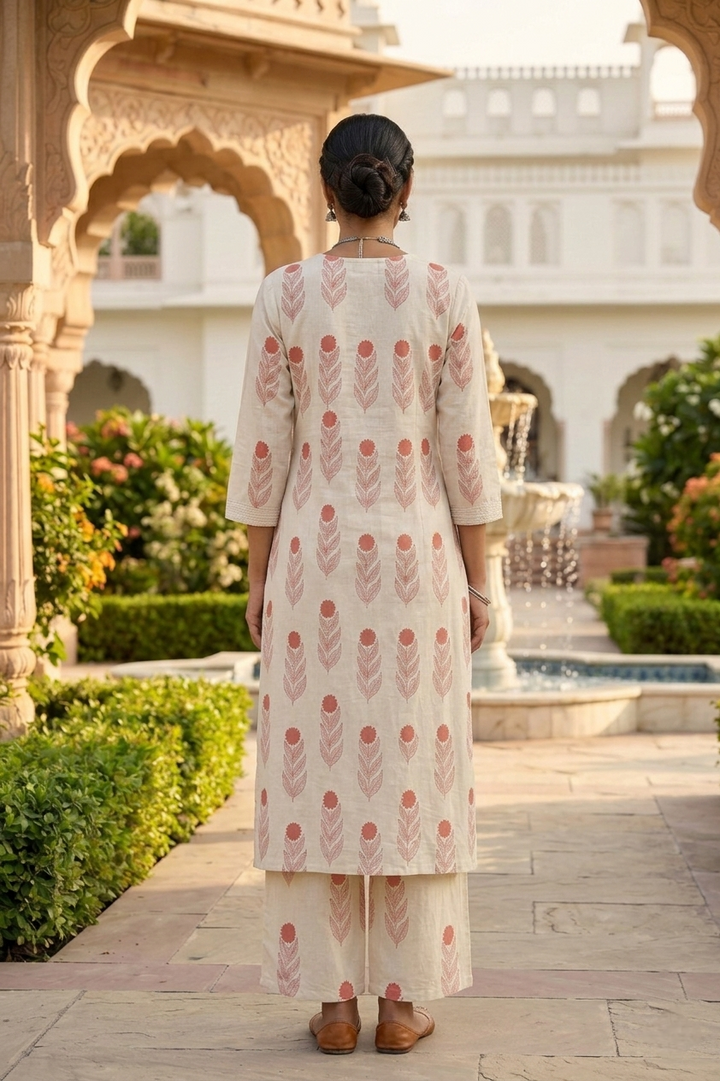 Neerus Orange cotton printed suit set - side view