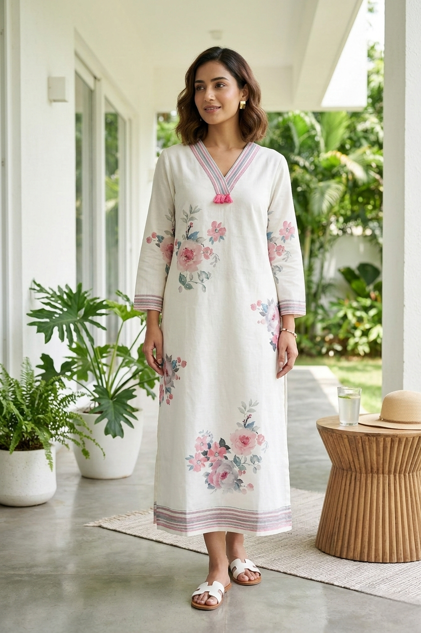 Neerus Beige linen digital printed kurti - front view