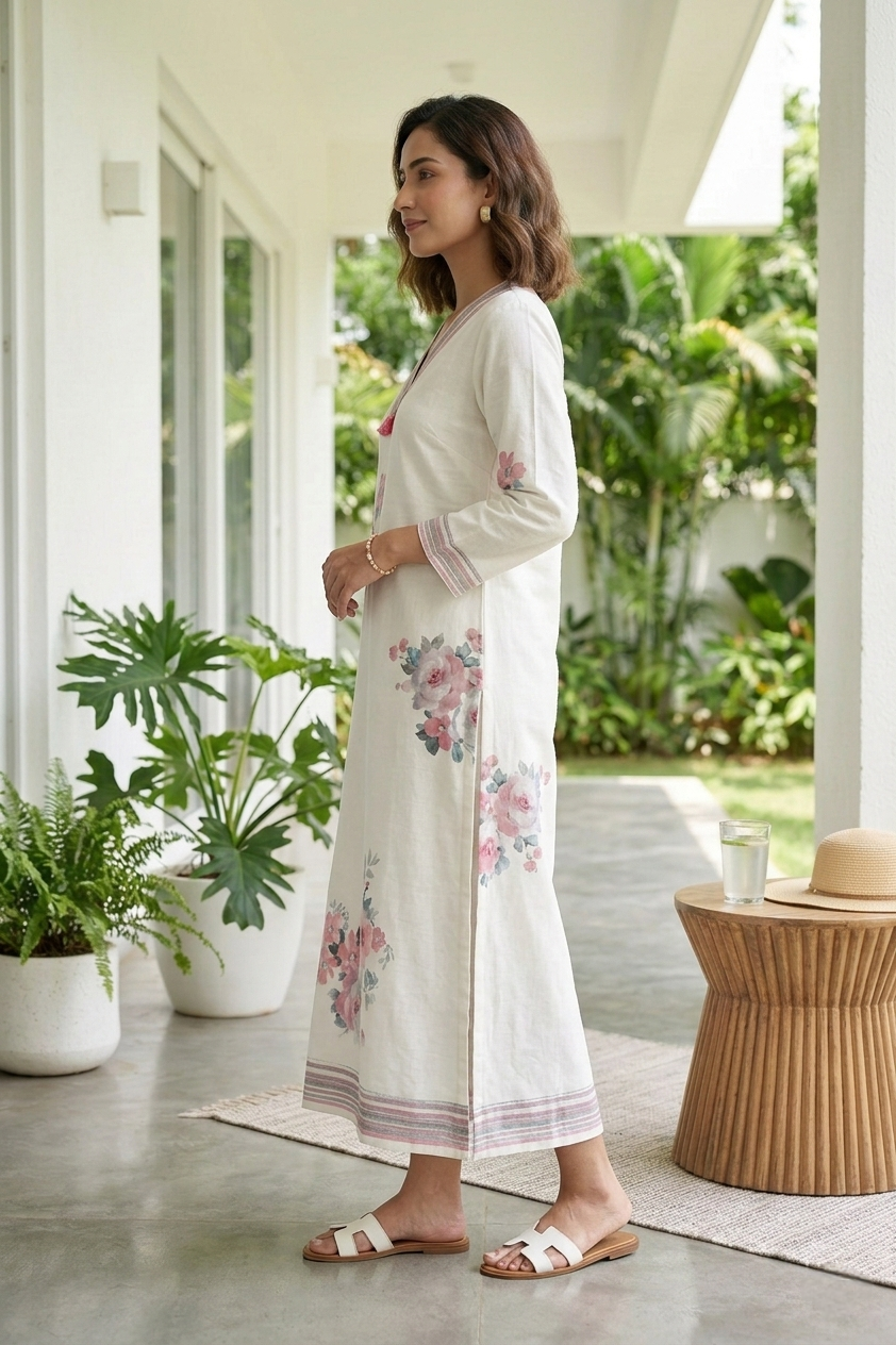 Neerus Beige linen digital printed kurti - back view