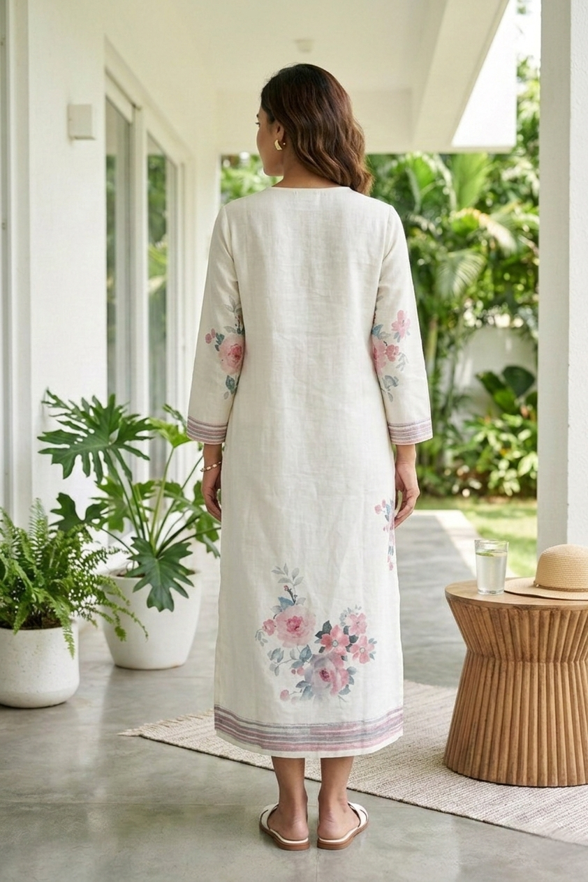 Neerus Beige linen digital printed kurti - side view