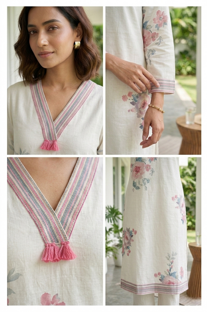 Neerus Beige linen digital printed kurti - detail view 2