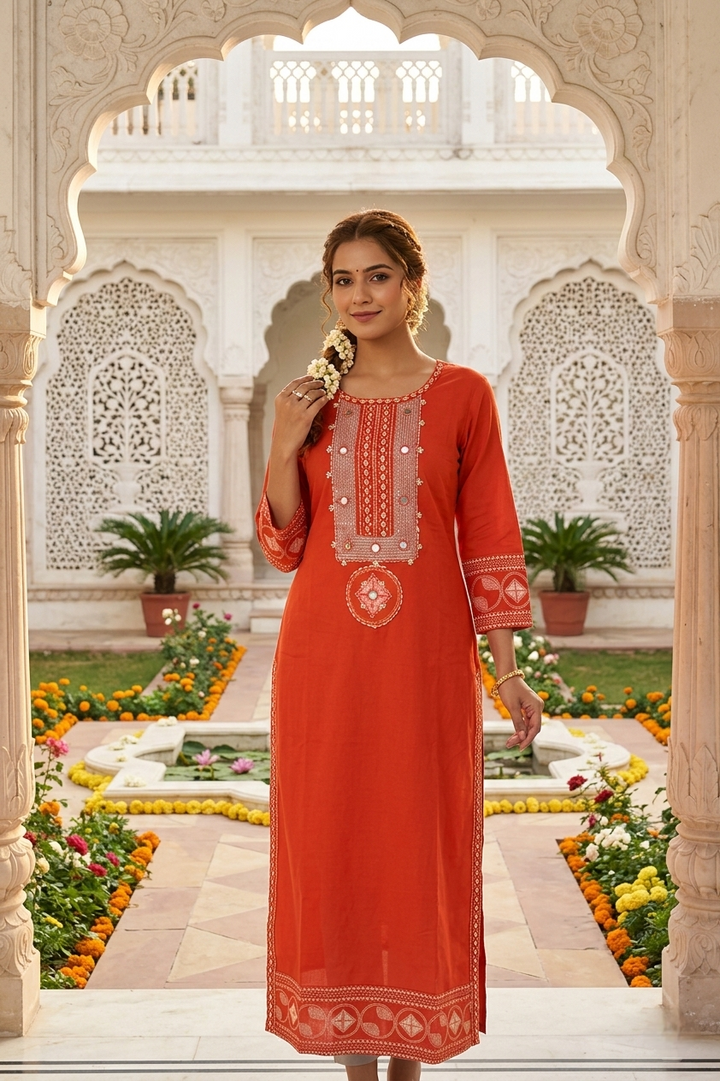 Neerus Orange cotton thread embroidered kurti - front view