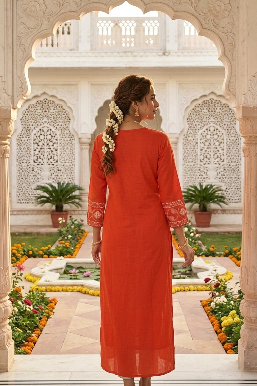 Neerus Orange cotton thread embroidered kurti - back view