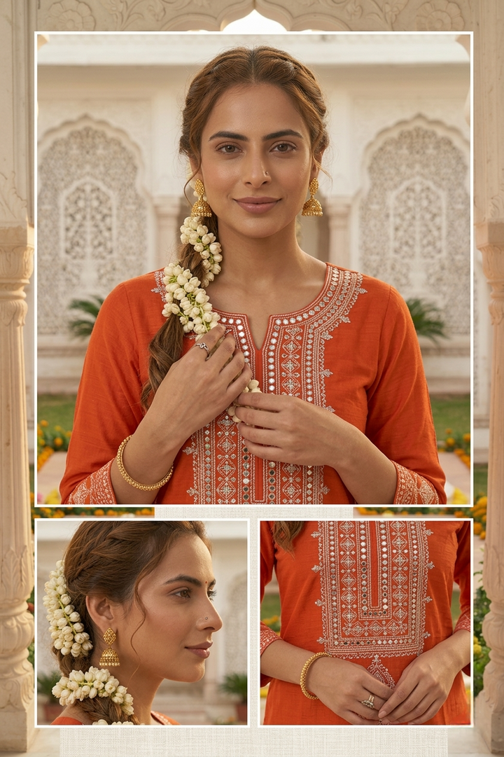 Neerus Orange cotton thread embroidered kurti - side view